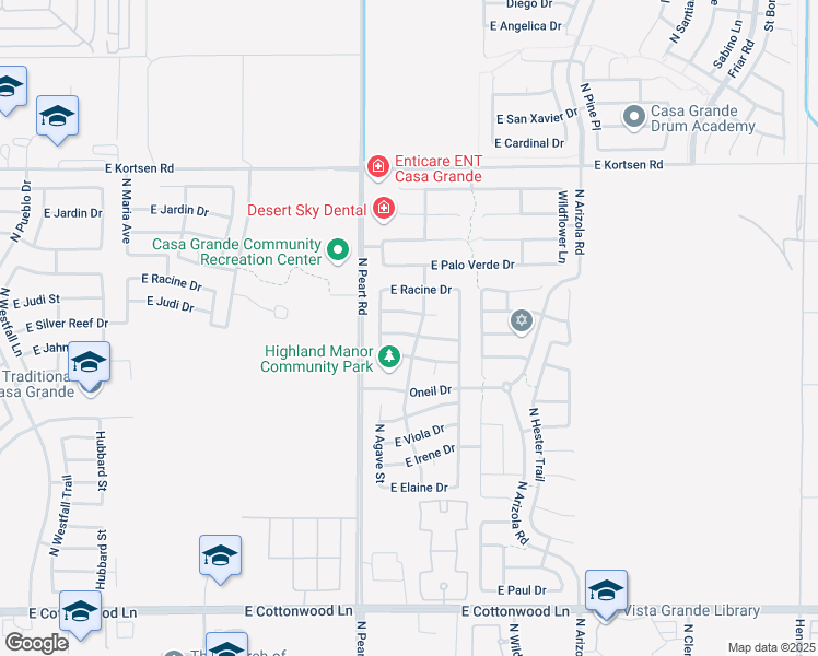 map of restaurants, bars, coffee shops, grocery stores, and more near 1562 East Judi Place in Casa Grande