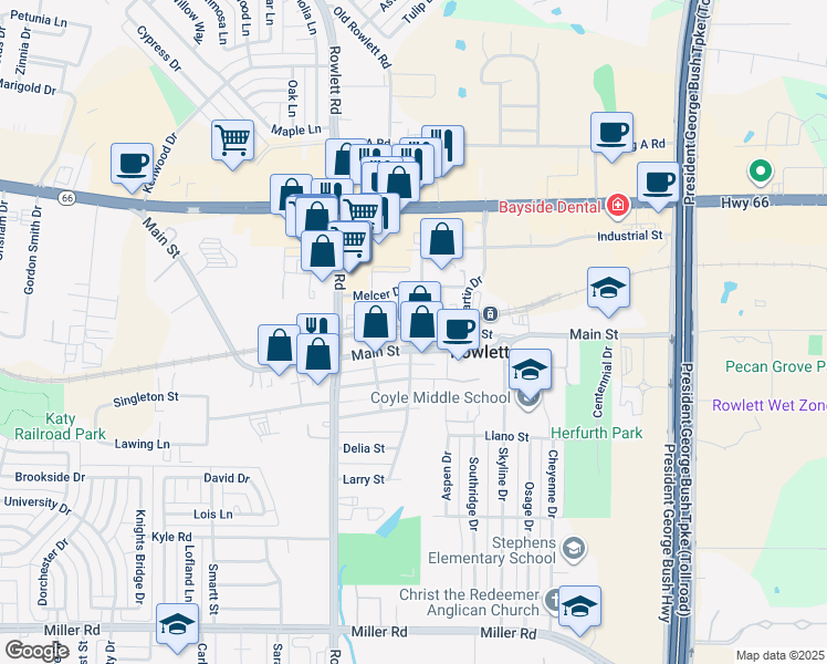 map of restaurants, bars, coffee shops, grocery stores, and more near 8578 Commerce Street in Rowlett