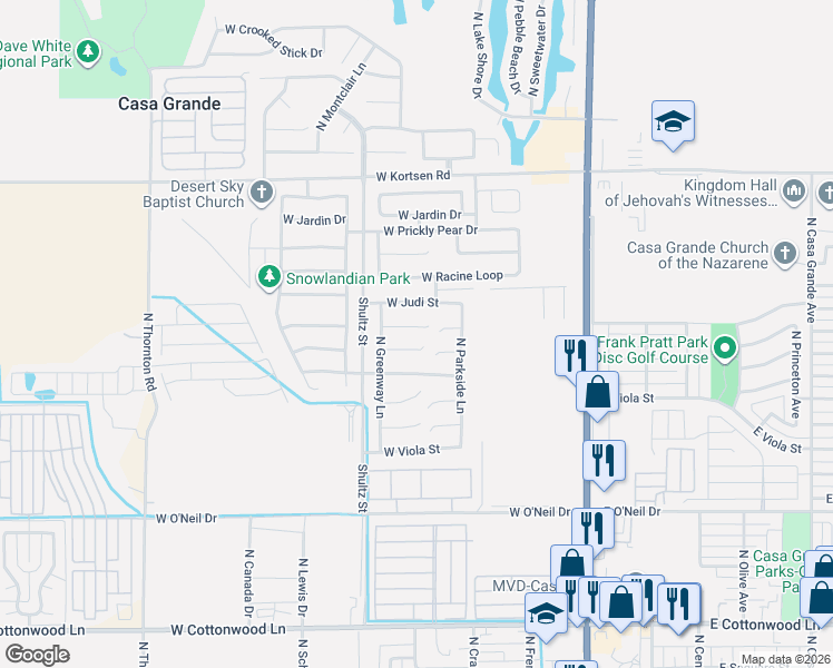 map of restaurants, bars, coffee shops, grocery stores, and more near 628 West Silver Reef Court in Casa Grande