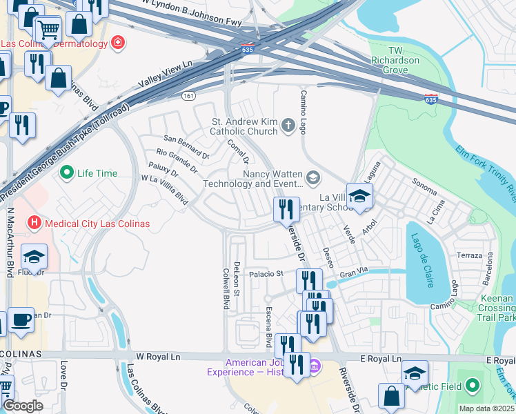 map of restaurants, bars, coffee shops, grocery stores, and more near 23 Comal Dr in Irving