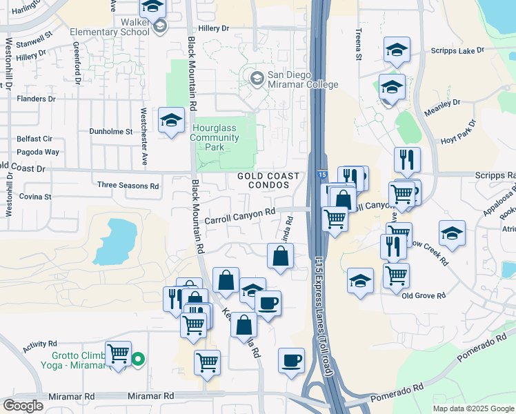 map of restaurants, bars, coffee shops, grocery stores, and more near 9598 Carroll Canyon Road in San Diego