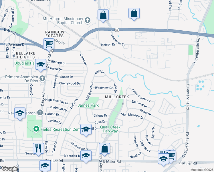 map of restaurants, bars, coffee shops, grocery stores, and more near 1366 Mill Wood Lane in Garland