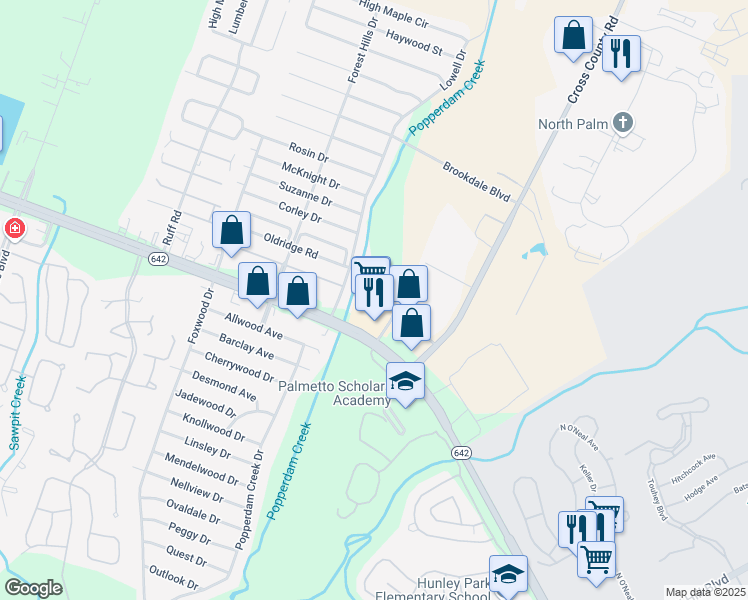 map of restaurants, bars, coffee shops, grocery stores, and more near 7550 Dorchester Road in North Charleston