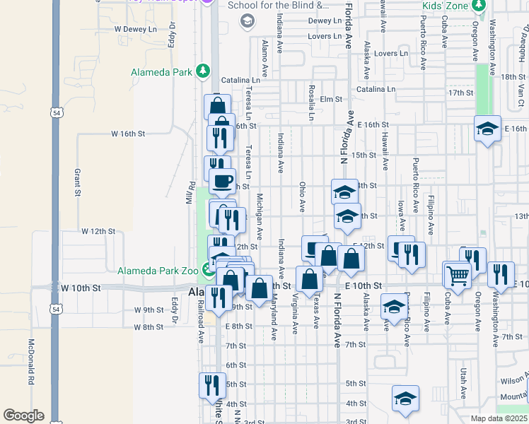 map of restaurants, bars, coffee shops, grocery stores, and more near 1309 Indiana Avenue in Alamogordo