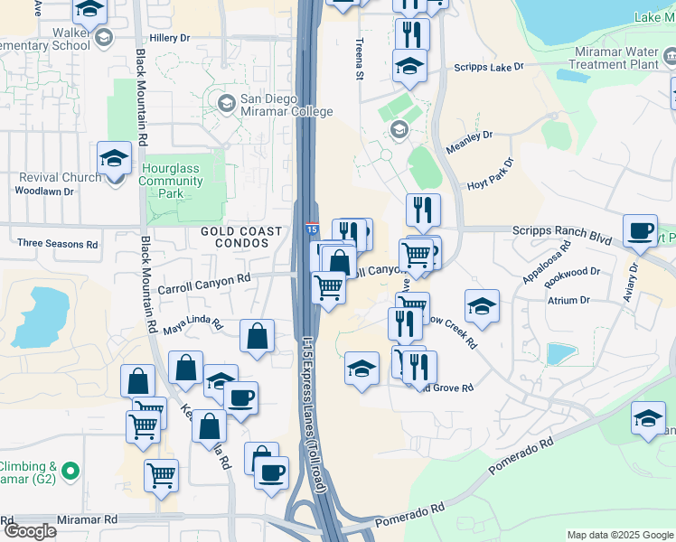 map of restaurants, bars, coffee shops, grocery stores, and more near 9850 Carroll Canyon Road in San Diego