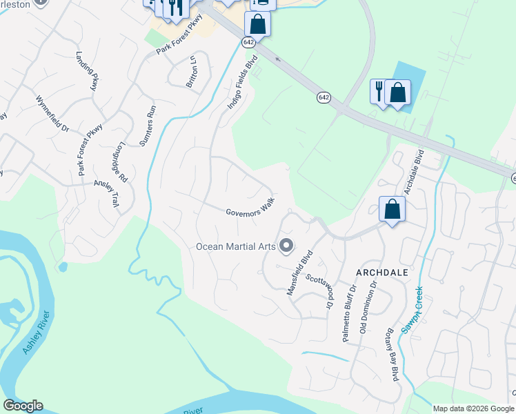 map of restaurants, bars, coffee shops, grocery stores, and more near 5513 Rowsham Place in North Charleston
