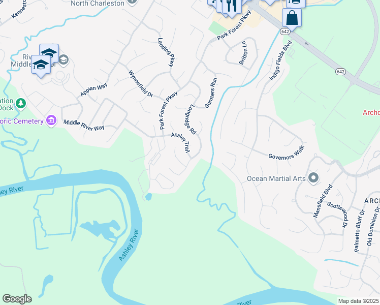 map of restaurants, bars, coffee shops, grocery stores, and more near 5417 Ansley Trail in Charleston