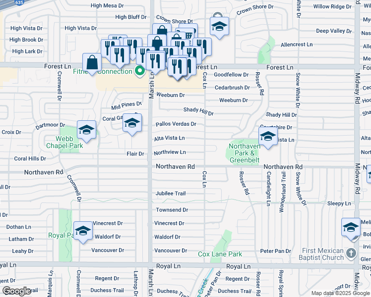 map of restaurants, bars, coffee shops, grocery stores, and more near 3752 Alta Vista Lane in Dallas