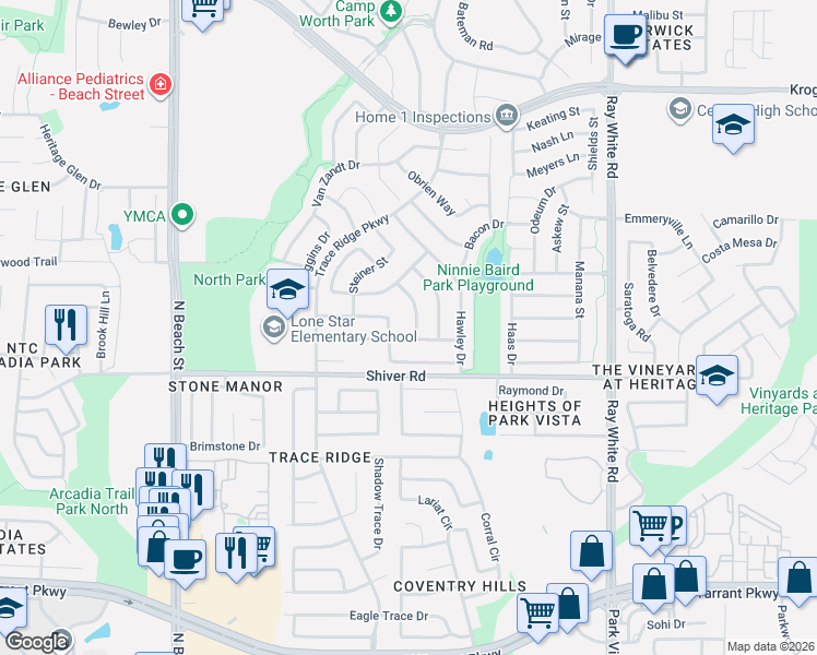 map of restaurants, bars, coffee shops, grocery stores, and more near 4865 Grinstein Drive in Fort Worth