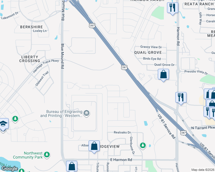 map of restaurants, bars, coffee shops, grocery stores, and more near 1201 Timberhurst Trail in Fort Worth