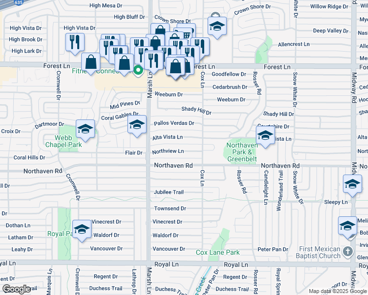 map of restaurants, bars, coffee shops, grocery stores, and more near 3752 Alta Vista Lane in Dallas