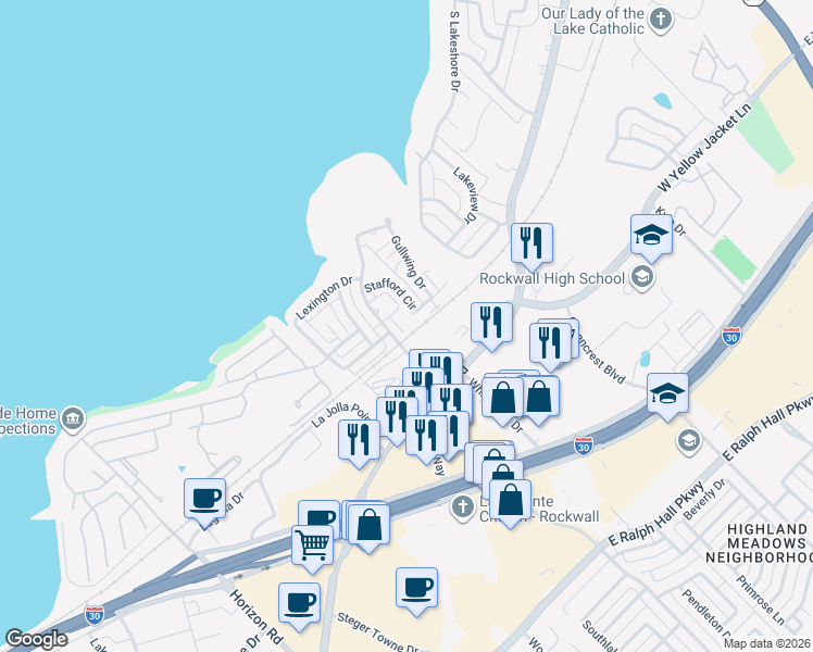 map of restaurants, bars, coffee shops, grocery stores, and more near 645 Stafford Circle in Rockwall