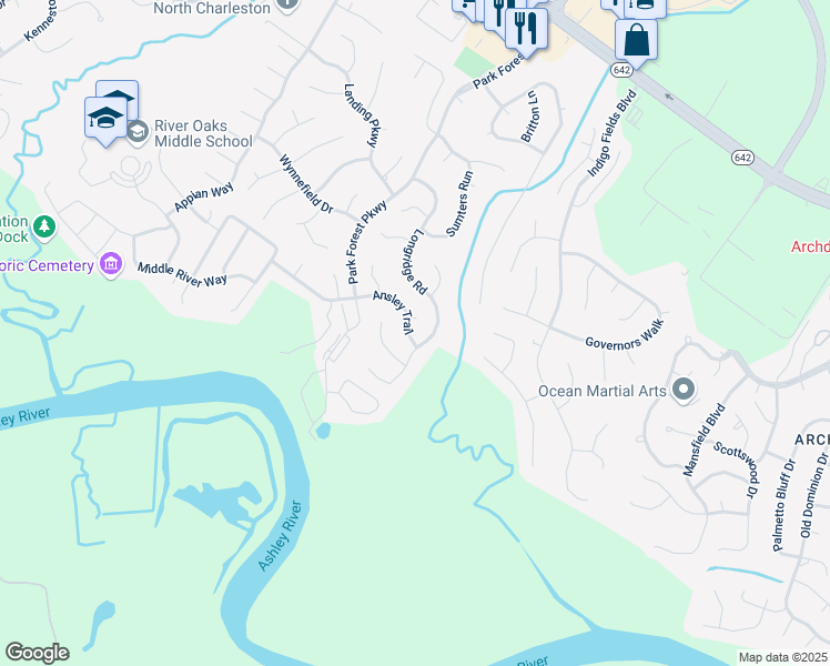 map of restaurants, bars, coffee shops, grocery stores, and more near 5417 Ansley Trail in Charleston