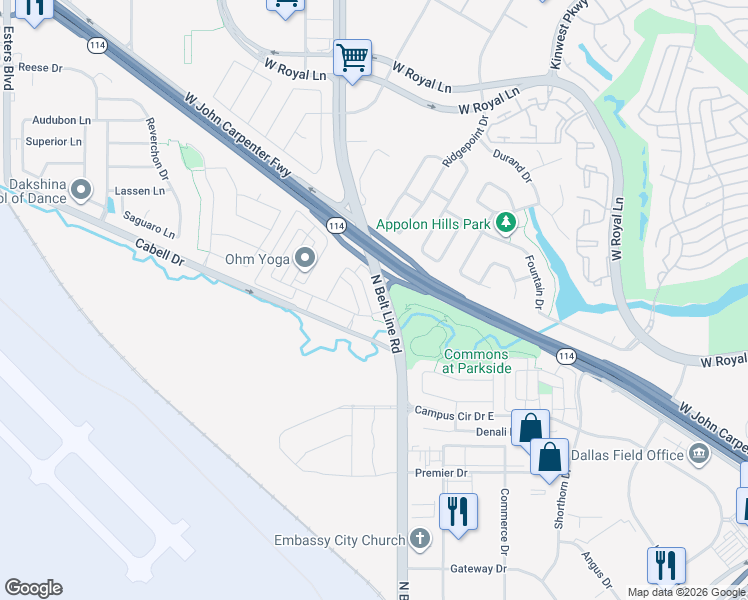 map of restaurants, bars, coffee shops, grocery stores, and more near 6816 Prompton Bend in Irving
