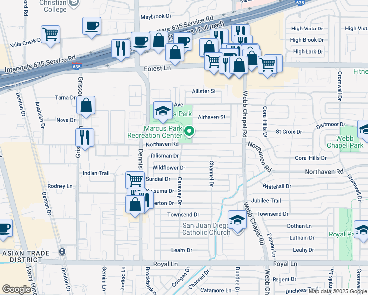 map of restaurants, bars, coffee shops, grocery stores, and more near 3006 Northaven Road in Dallas