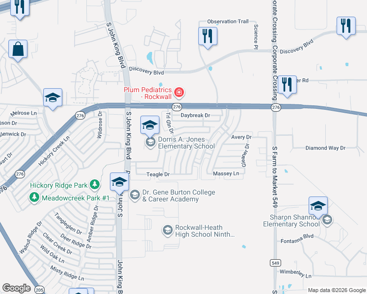 map of restaurants, bars, coffee shops, grocery stores, and more near 2431 Fieldcrest Drive in Rockwall