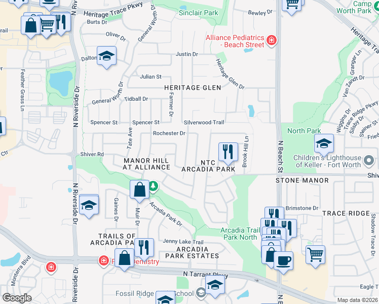 map of restaurants, bars, coffee shops, grocery stores, and more near 9041 Heartwood Drive in Fort Worth