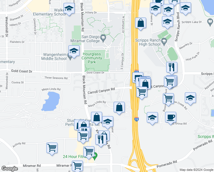 map of restaurants, bars, coffee shops, grocery stores, and more near 9580 Carroll Canyon Road in San Diego