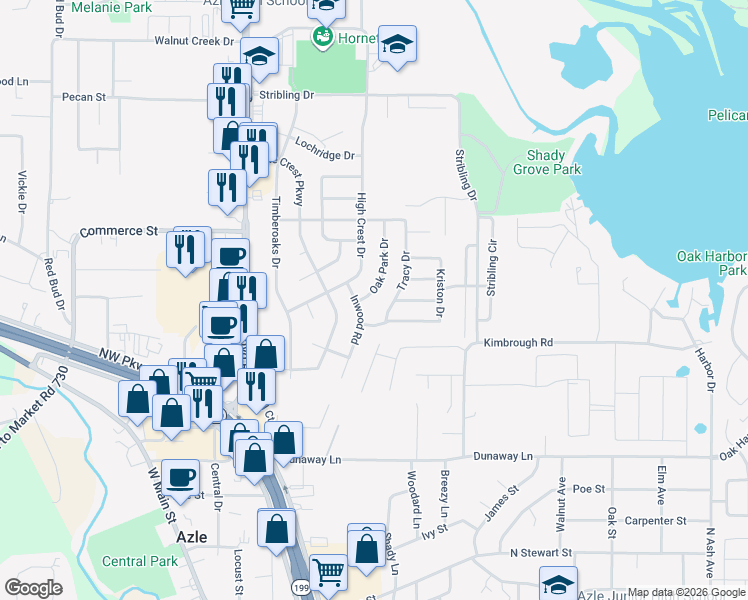 map of restaurants, bars, coffee shops, grocery stores, and more near 708 Oak Park Drive in Azle
