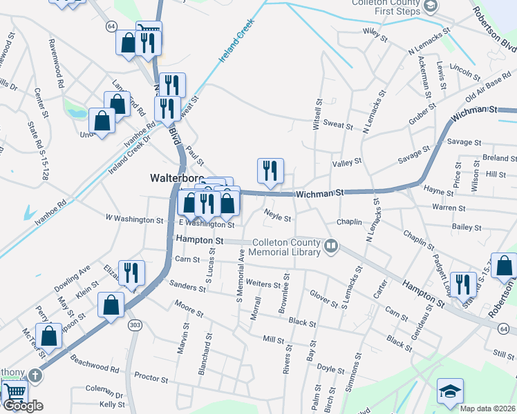map of restaurants, bars, coffee shops, grocery stores, and more near 604 Wichman Street in Walterboro