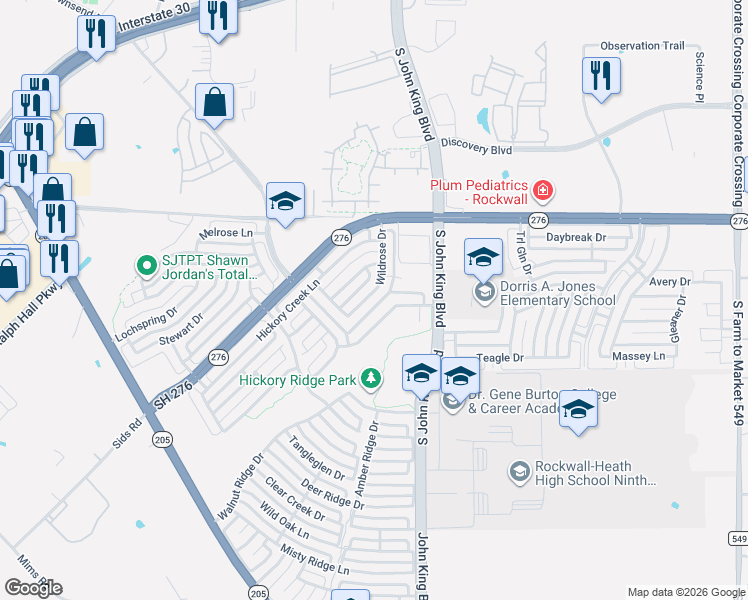 map of restaurants, bars, coffee shops, grocery stores, and more near 1705 Wildrose Drive in Rockwall