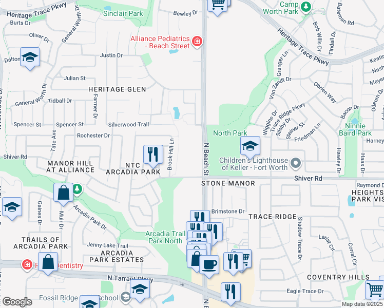 map of restaurants, bars, coffee shops, grocery stores, and more near 8901 North Beach Street in Fort Worth