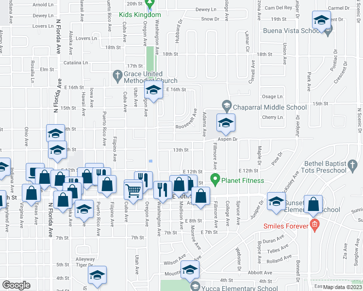 map of restaurants, bars, coffee shops, grocery stores, and more near 1300 Jefferson Avenue in Alamogordo