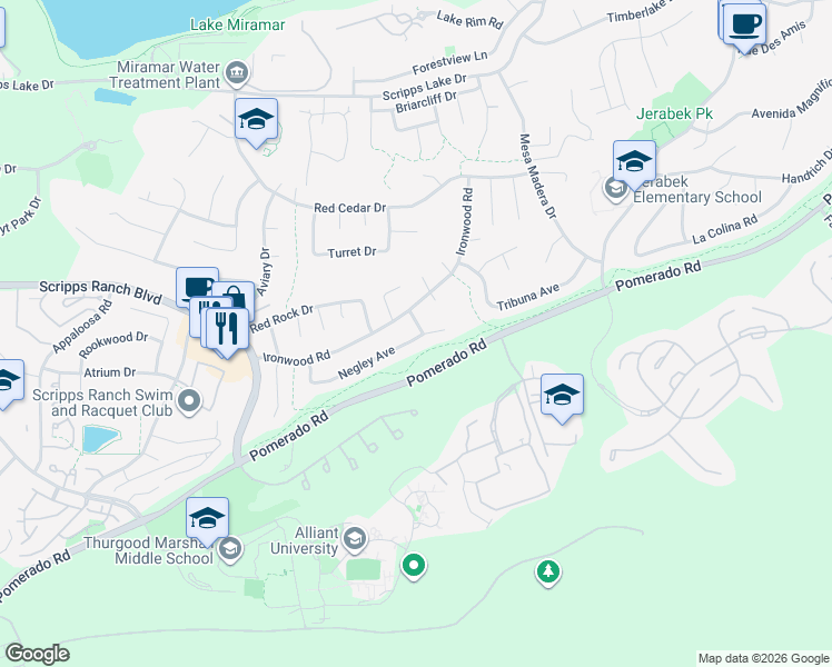 map of restaurants, bars, coffee shops, grocery stores, and more near 11132-11150 Negley Avenue in San Diego