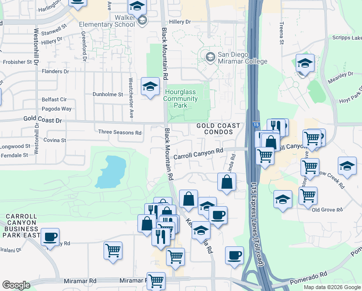 map of restaurants, bars, coffee shops, grocery stores, and more near 10273 Black Mountain Road in San Diego