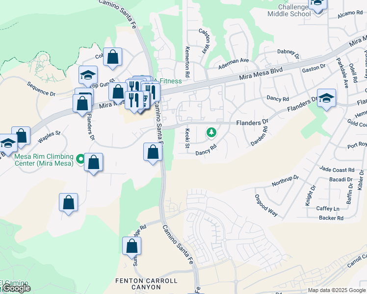map of restaurants, bars, coffee shops, grocery stores, and more near 7277 Kamwood Street in San Diego