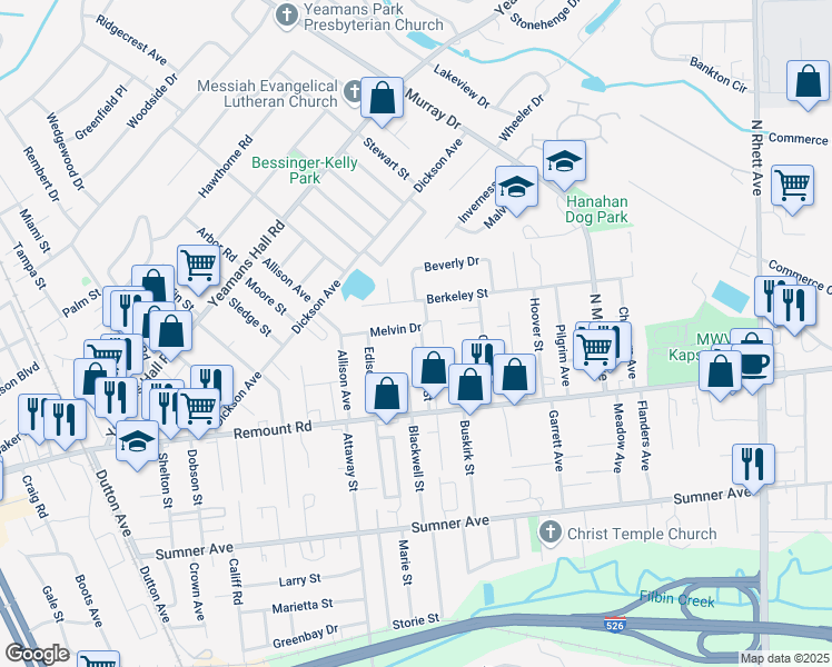 map of restaurants, bars, coffee shops, grocery stores, and more near 1108 Melvin Drive in Hanahan