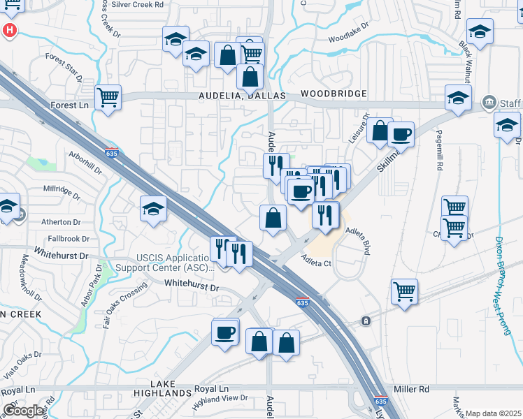 map of restaurants, bars, coffee shops, grocery stores, and more near 9720 Summerwood Circle in Dallas
