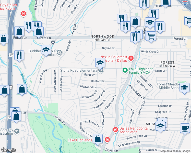 map of restaurants, bars, coffee shops, grocery stores, and more near 8633 Banff Drive in Dallas