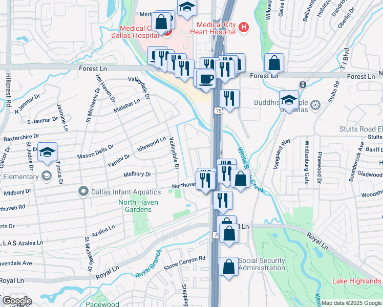 map of restaurants, bars, coffee shops, grocery stores, and more near 11334 Park Central Place in Dallas