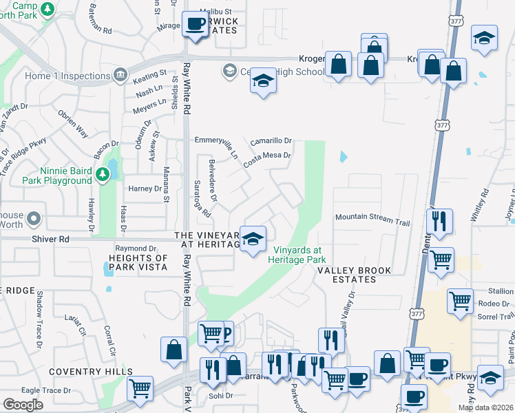 map of restaurants, bars, coffee shops, grocery stores, and more near 5441 Temecula Road in Fort Worth