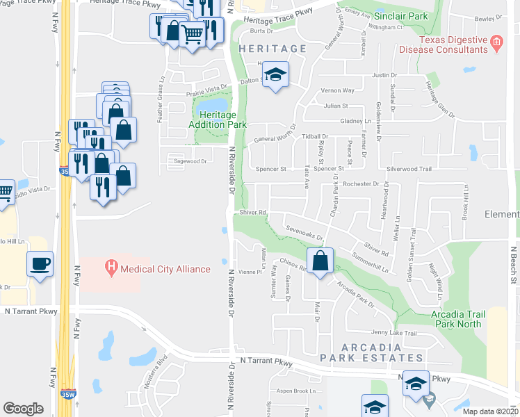 map of restaurants, bars, coffee shops, grocery stores, and more near 9009 Georgetown Place in Fort Worth