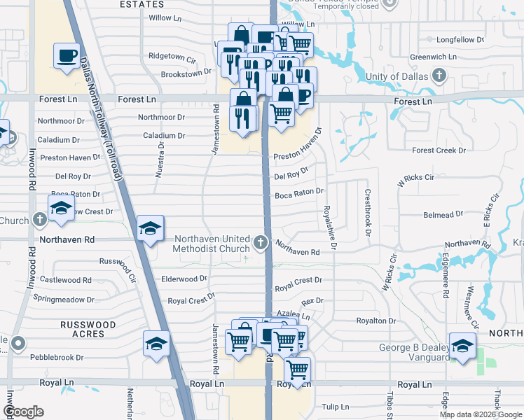 map of restaurants, bars, coffee shops, grocery stores, and more near 6006 Boca Raton Drive in Dallas