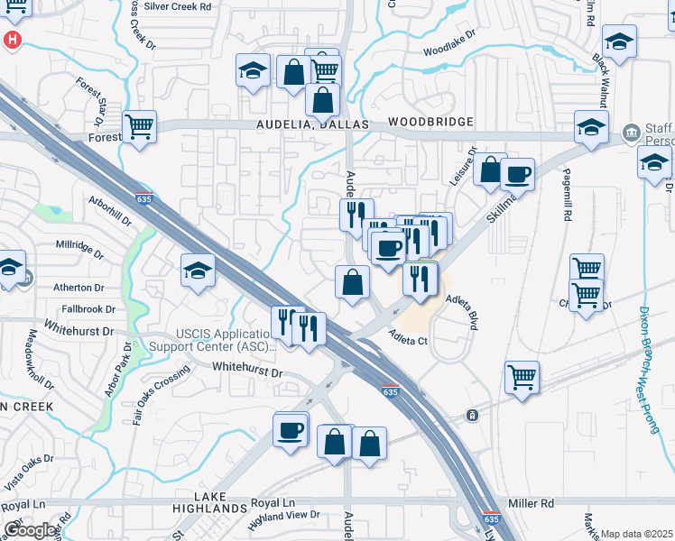 map of restaurants, bars, coffee shops, grocery stores, and more near 9720 Summerwood Circle in Dallas