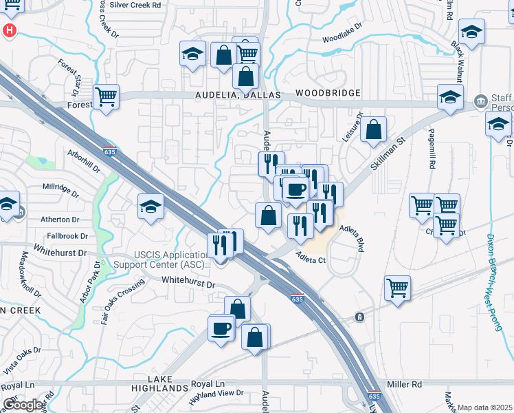 map of restaurants, bars, coffee shops, grocery stores, and more near 9720 Summerwood Circle in Dallas