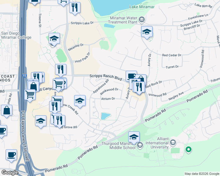 map of restaurants, bars, coffee shops, grocery stores, and more near 10594 Rookwood Drive in San Diego