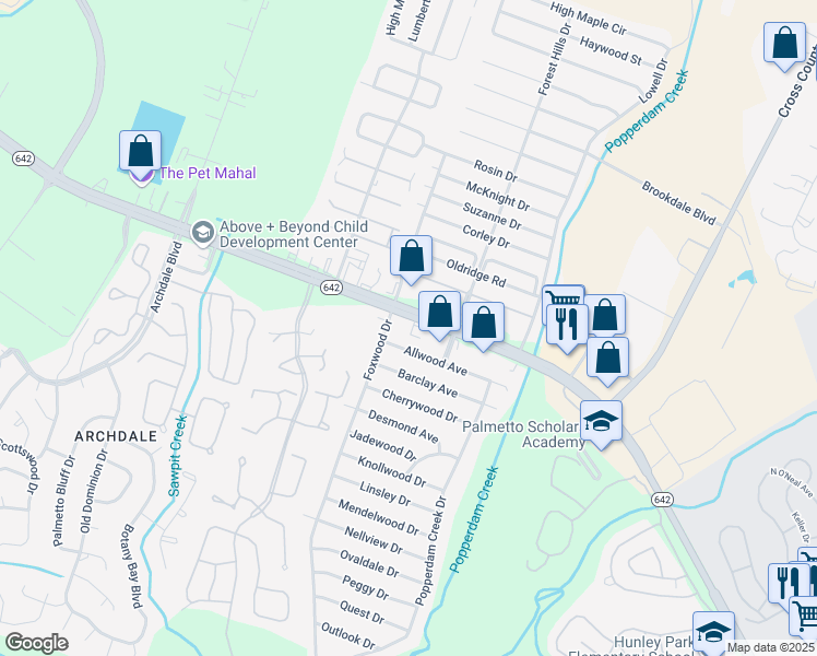 map of restaurants, bars, coffee shops, grocery stores, and more near 7751 Dorchester Road in North Charleston
