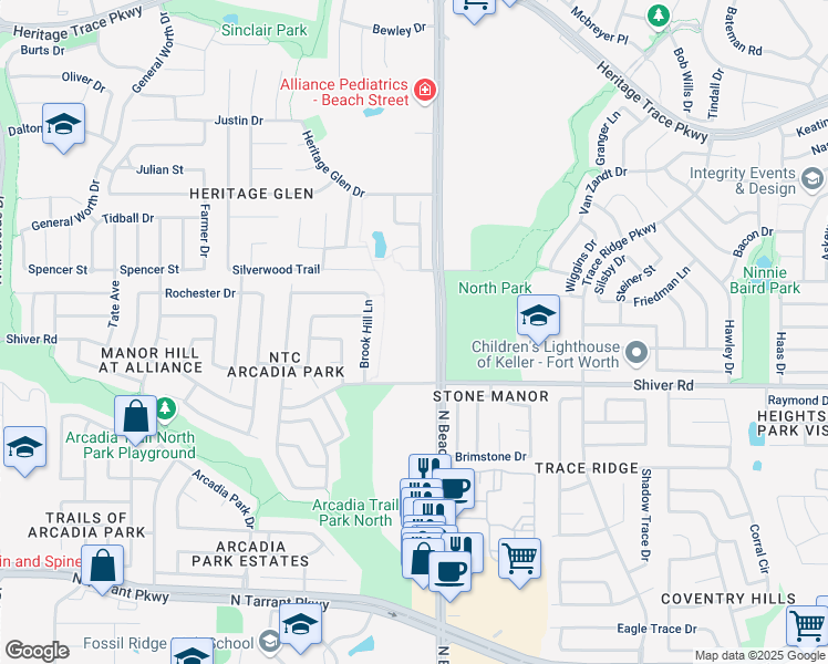 map of restaurants, bars, coffee shops, grocery stores, and more near 9001 North Beach Street in Fort Worth