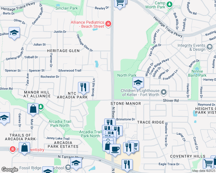 map of restaurants, bars, coffee shops, grocery stores, and more near 9001 North Beach Street in Fort Worth