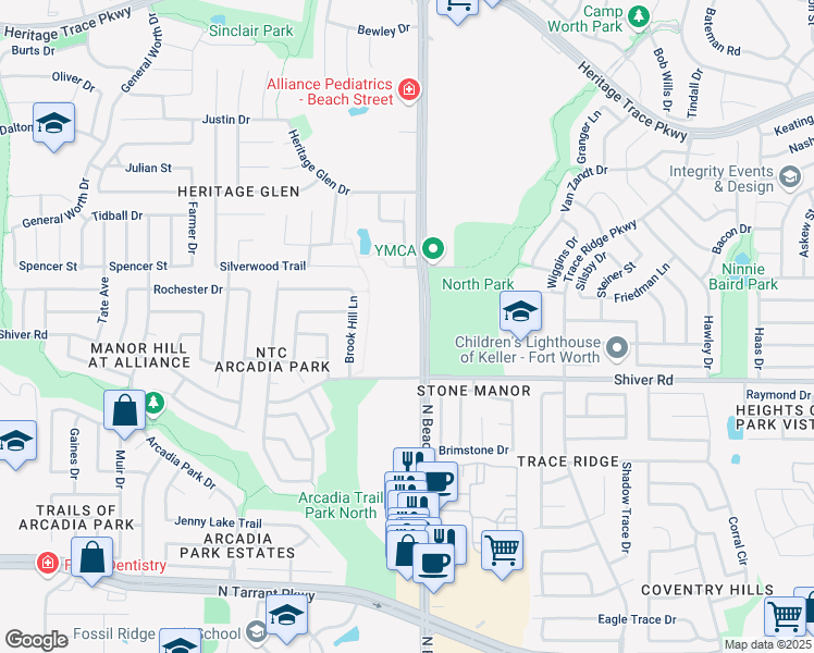 map of restaurants, bars, coffee shops, grocery stores, and more near 9001 North Beach Street in Fort Worth