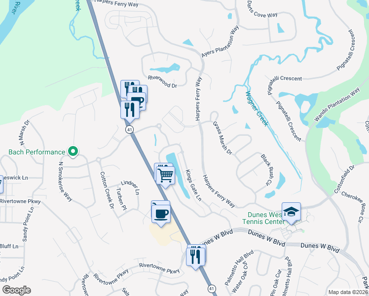 map of restaurants, bars, coffee shops, grocery stores, and more near 2340 Kings Gate Lane in Mount Pleasant