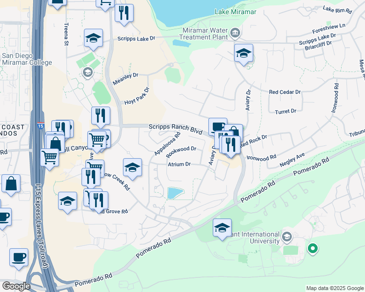 map of restaurants, bars, coffee shops, grocery stores, and more near 10594 Rookwood Drive in San Diego