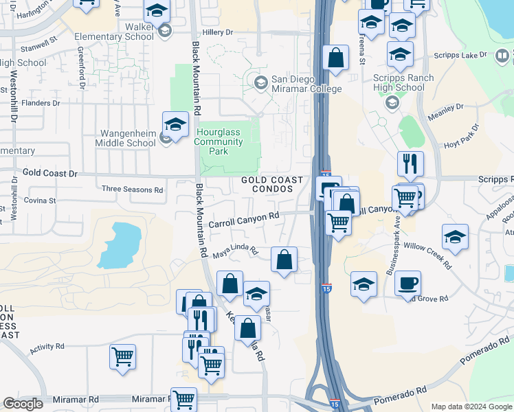 map of restaurants, bars, coffee shops, grocery stores, and more near 9589 Gold Coast Drive in San Diego