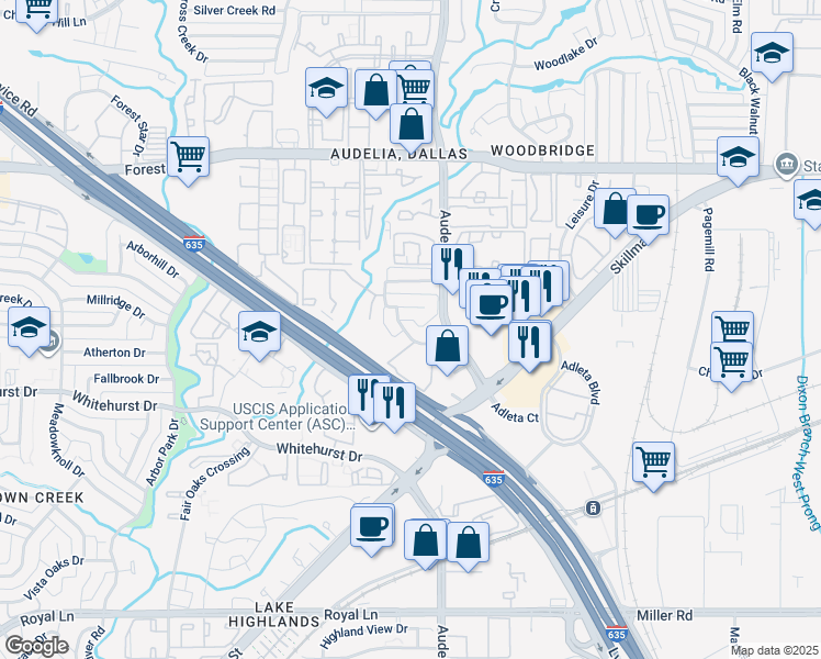 map of restaurants, bars, coffee shops, grocery stores, and more near 11414 Summertree Lane in Dallas