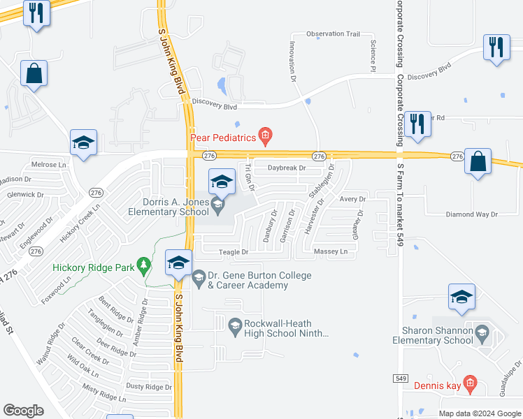 map of restaurants, bars, coffee shops, grocery stores, and more near 2431 Fieldcrest Drive in Rockwall