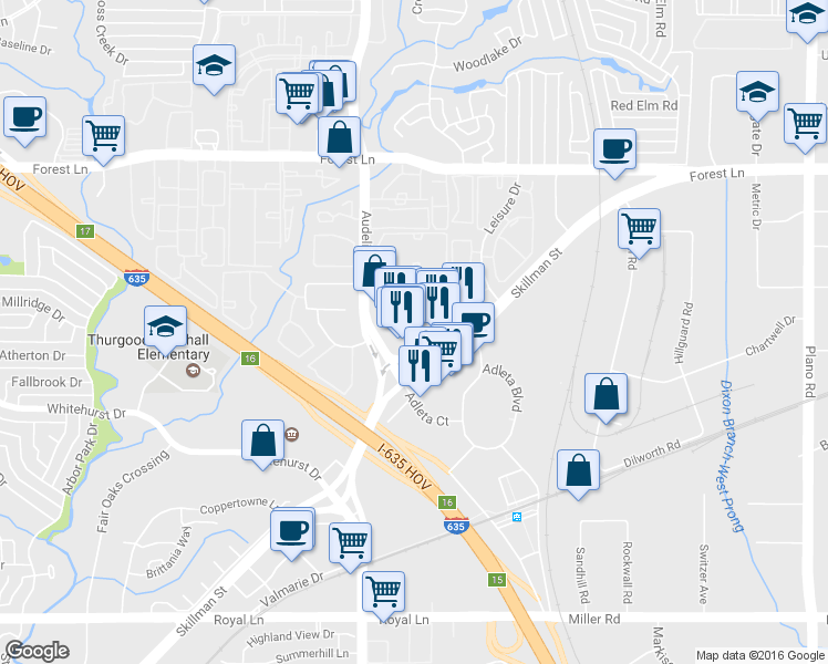 map of restaurants, bars, coffee shops, grocery stores, and more near 9319 Skillman Street in Dallas